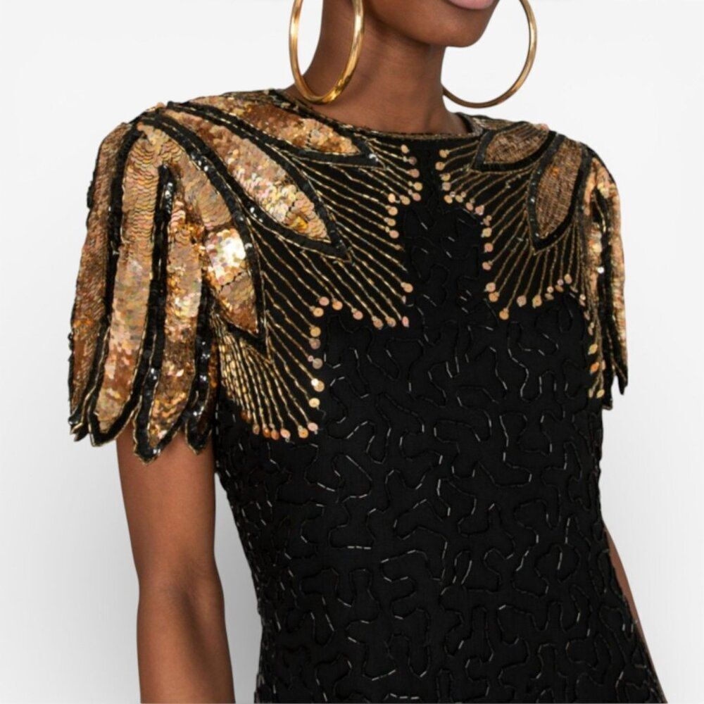 Vintage 90s D'Albert Silk Beaded Sequin Dress 10 M Cocktail Party LBD Mob Wife - Picture 5 of 14